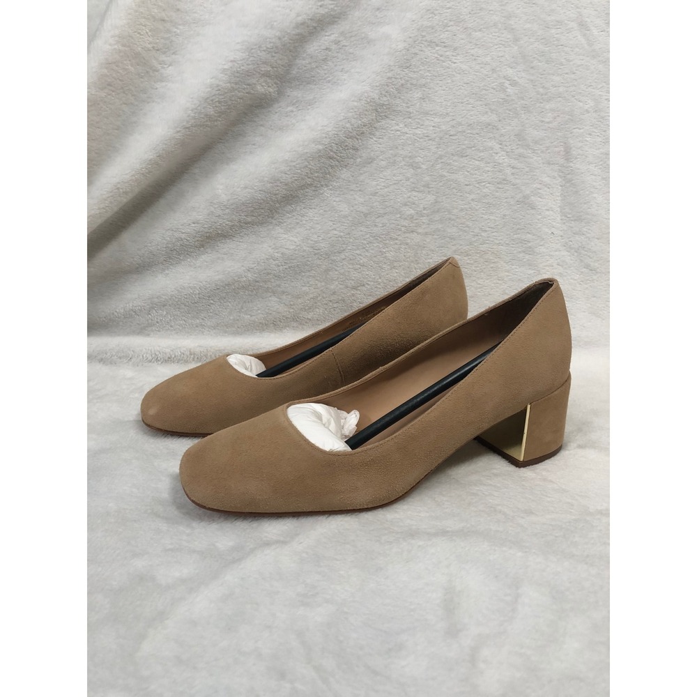NEW Talbots Block Heel Pumps Women 5M Tan Suede Square Toe Gold Detail